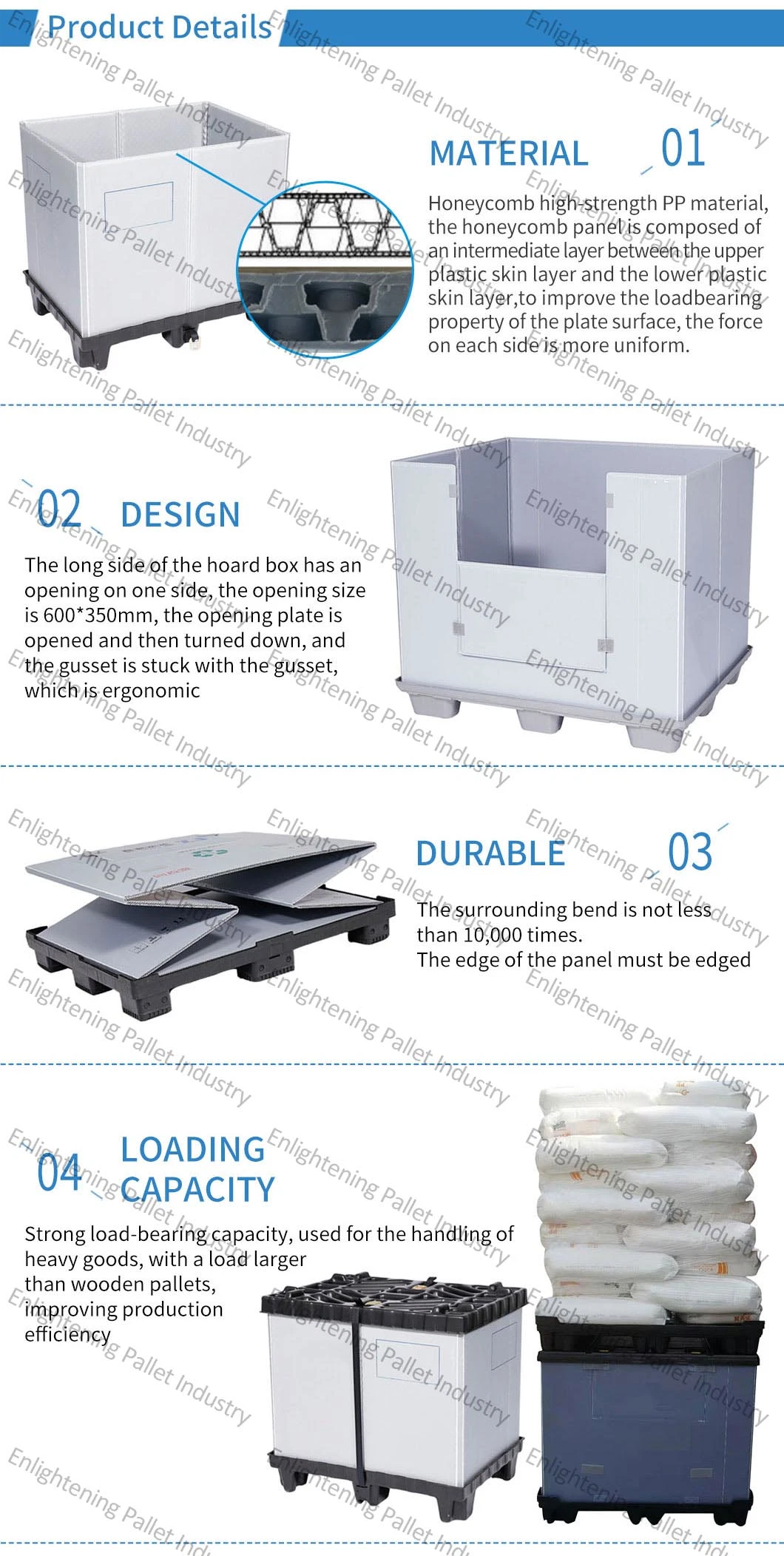 Heavy Duty Large Stackable Reusable Recyclable Industrial Car Parts Collapsible Custom Plastic Pallet Foldable Large PP Sleeve Honeycomb Coaming Box with Lock